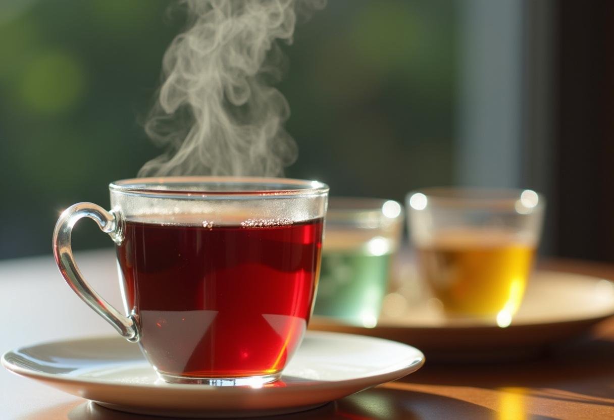 Tassen mit schwarzem, grünem und weißem Tee, um den Koffeingehalt visuell darzustellen.