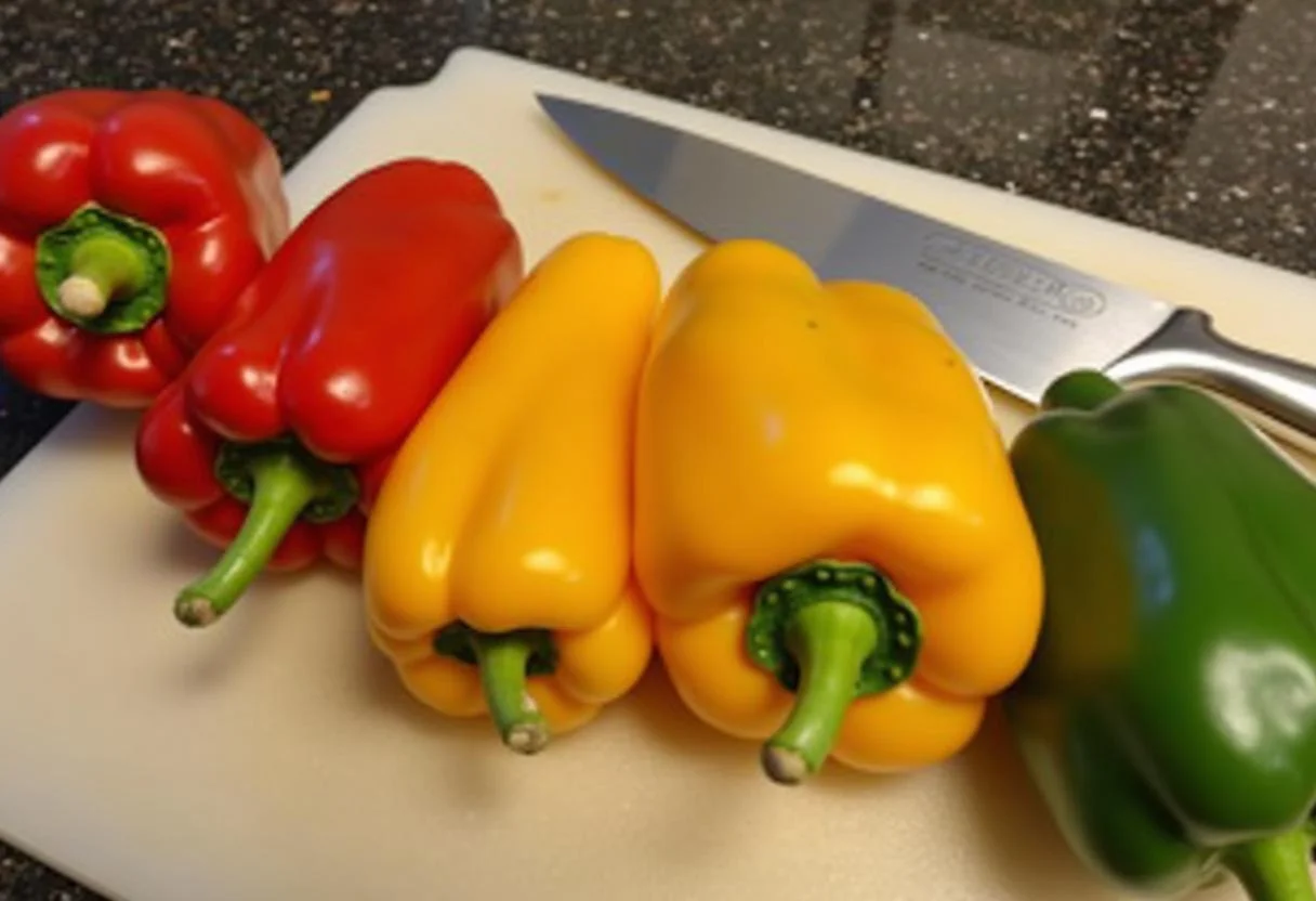 An assortment of colorful bell peppers for Würzige Paprika Reis Pfanne Vegetarisch preparation.