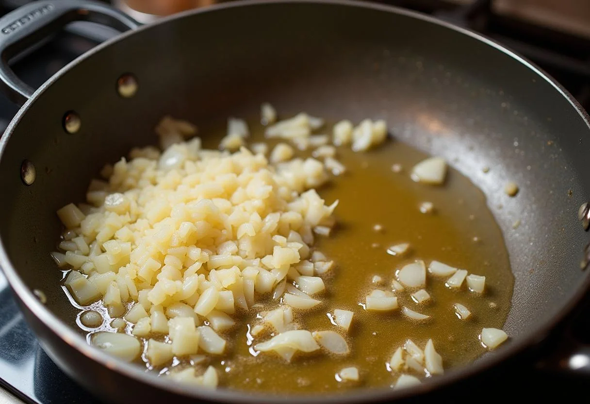 Onions and garlic cooking in a pan for the delicious paprika reis recipe.