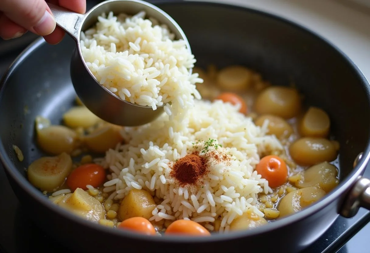 Rice being added to the sauté mixture for making paprika mit reis gefüllt.