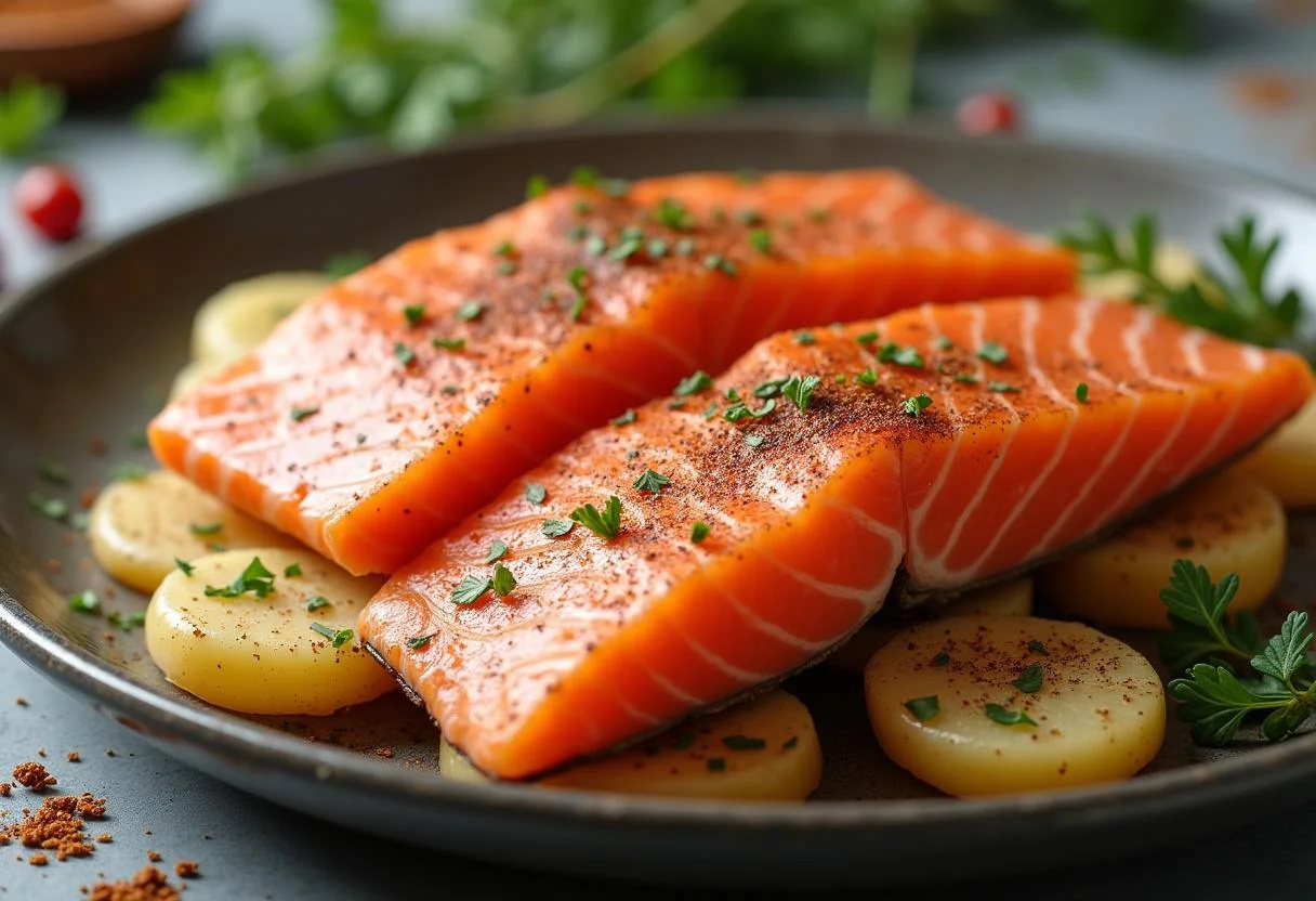 Gewürzte Lachsfilets platziert auf geschnittenen Kartoffeln für die Lachs Auflauf Zubereitung.