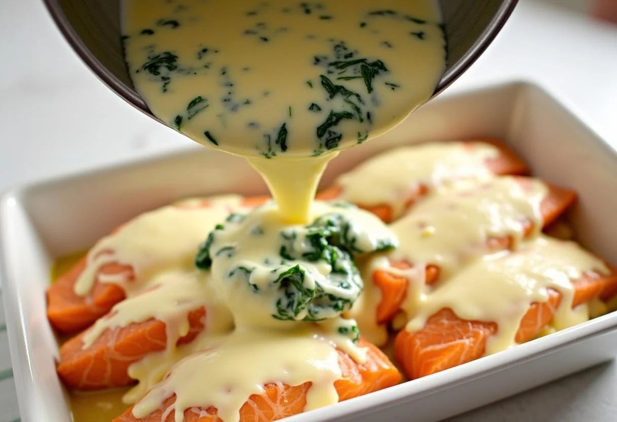Cremige Käse- und Spinatmischung zubereitet für Brokkoli Lachs Auflauf Introduction.