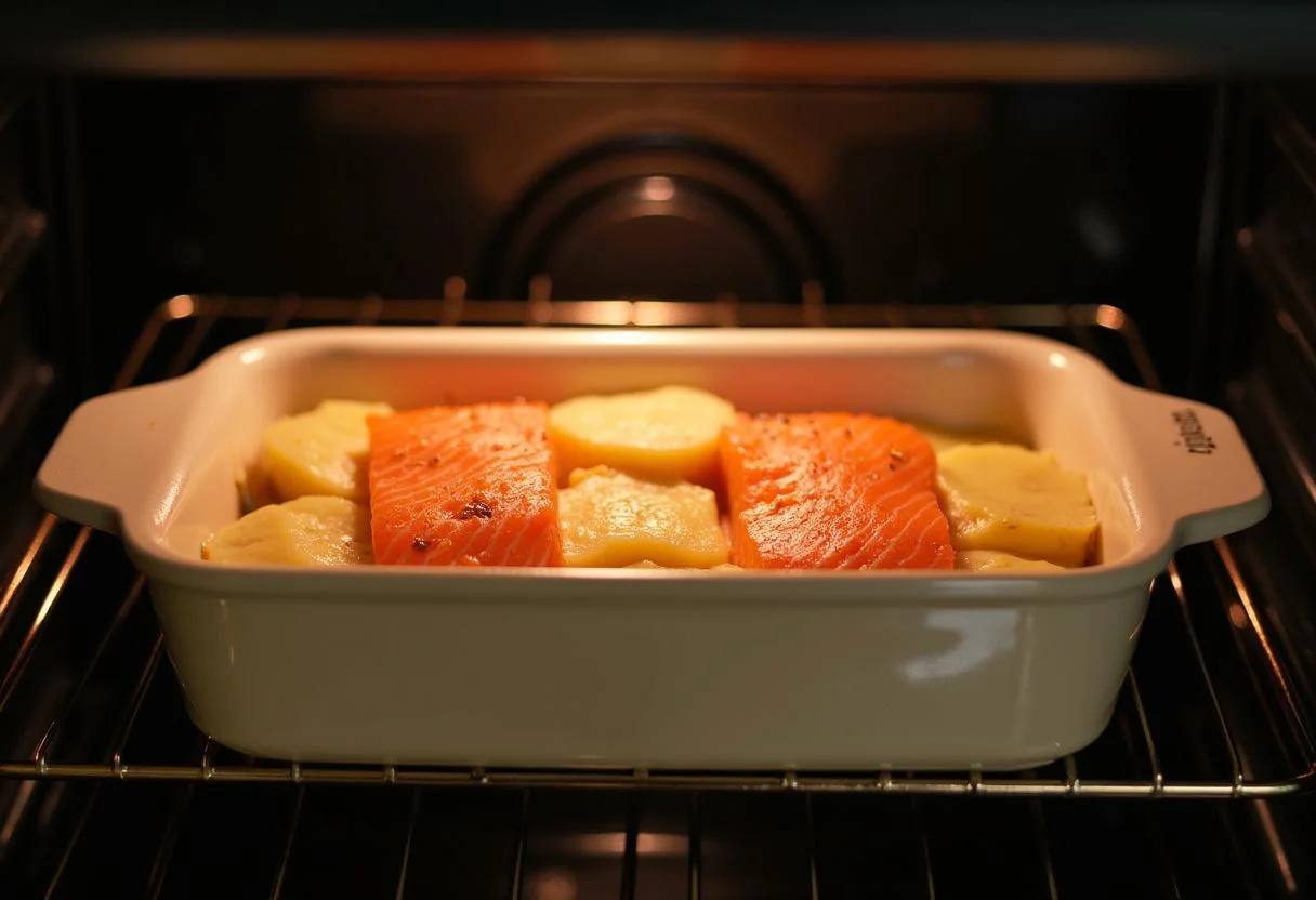 Auflaufform mit Lachs und Kartoffeln wird in den Ofen geschoben für kartoffel lachs auflauf.