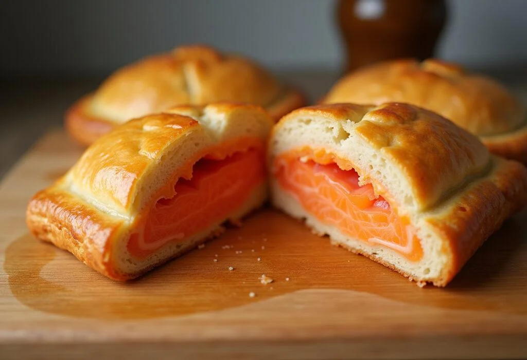 Fertig gebackener Lachs im Blätterteig, goldbraun und köstlich präsentiert.