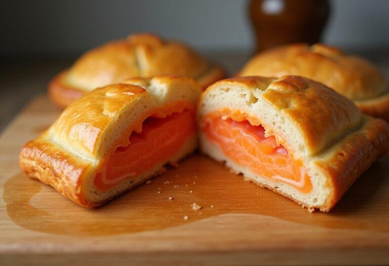 Fertig gebackener Lachs im Blätterteig, goldbraun und köstlich präsentiert.