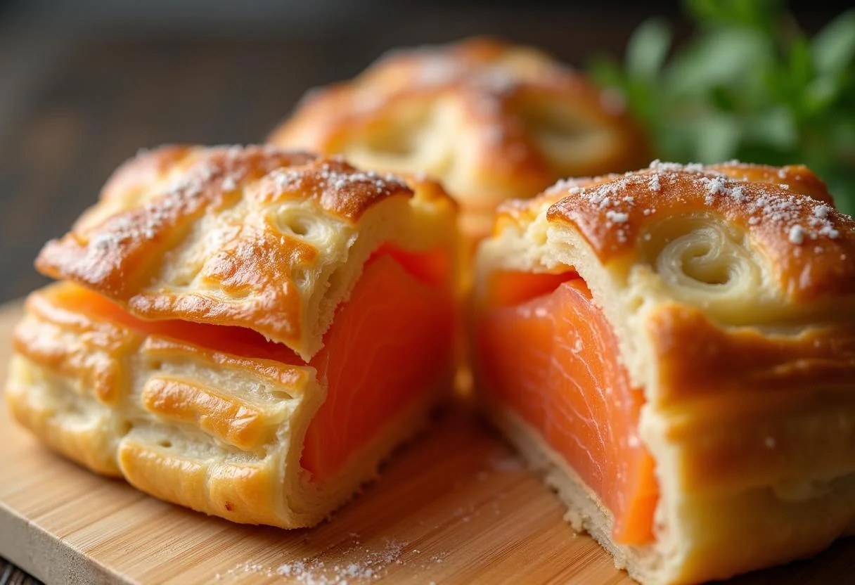 Fertig gebackener Lachs im Blätterteig, goldbraun und köstlich präsentiert.