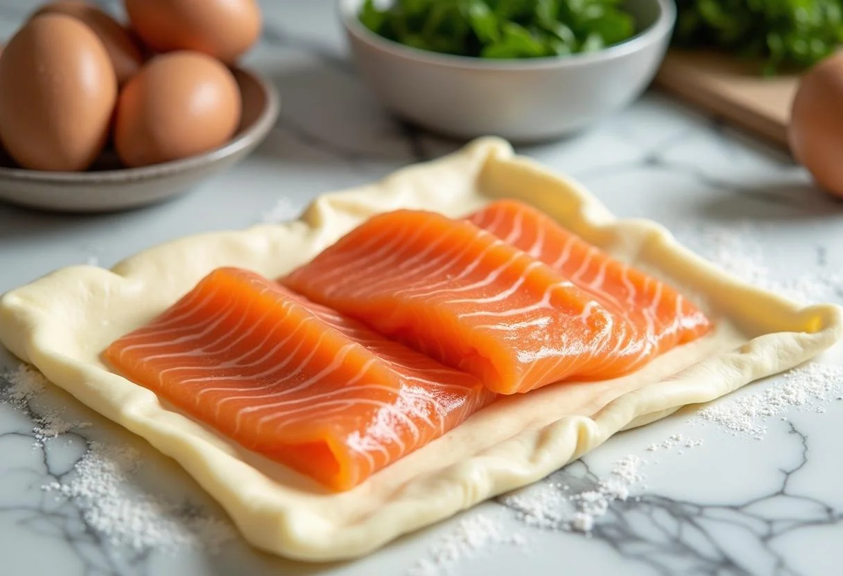 Lachs im Blätterteig preparation with salmon and spinach on puff pastry.
