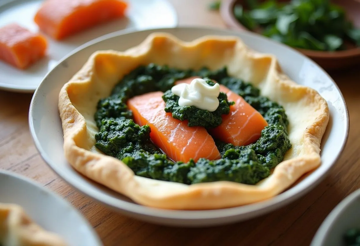 Spreading cream cheese and sautéed spinach mixture onto puff pastry for Lachs im Blätterteig.