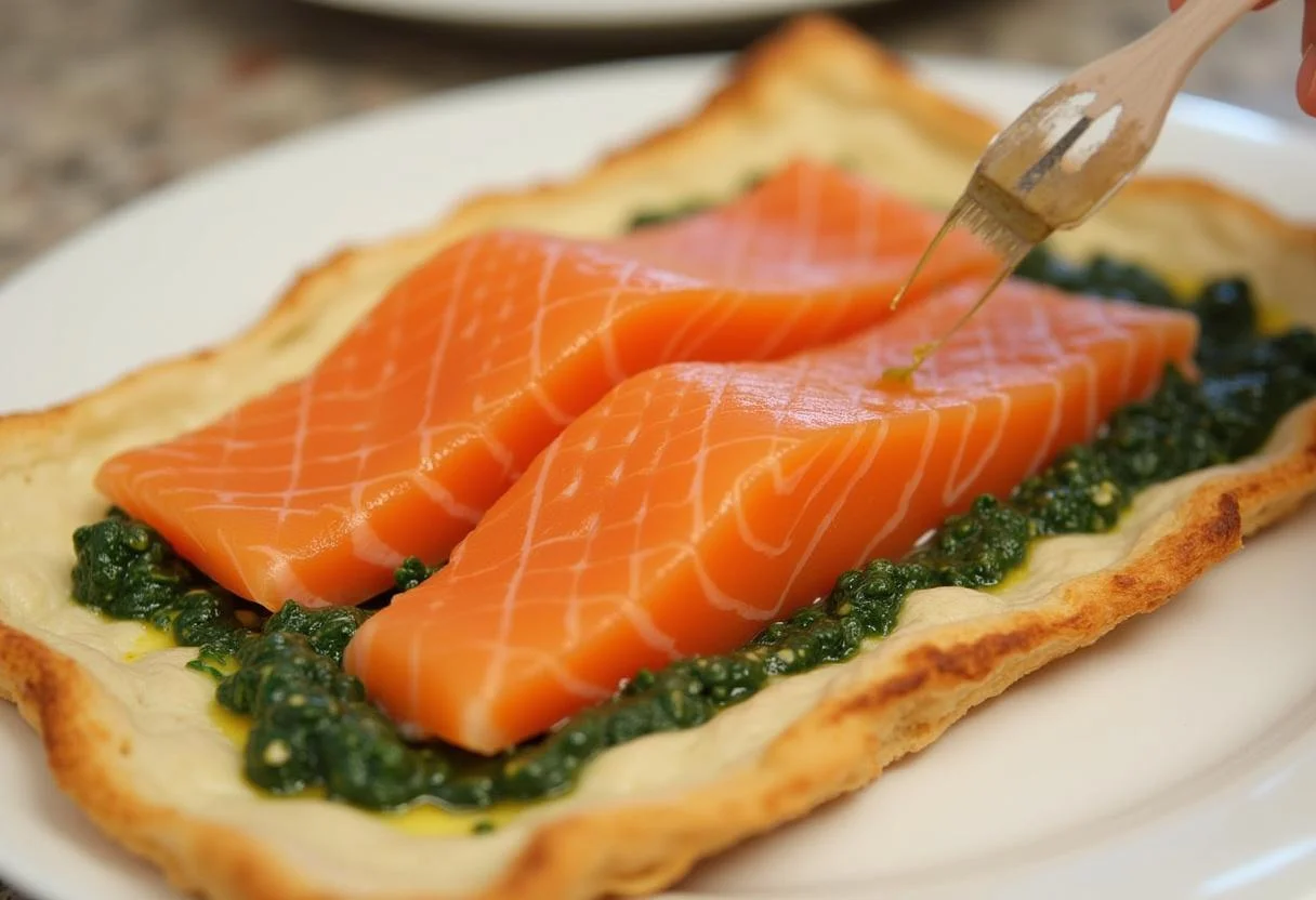 Salmon fillets positioned on spinach filling in puff pastry for Lachs in Blätterteig.
