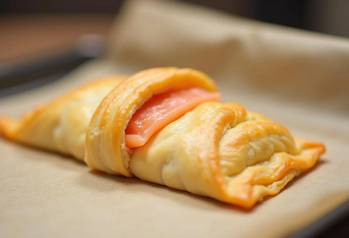 Wrapping salmon in puff pastry for Zarter Lachs im Blätterteig before baking.