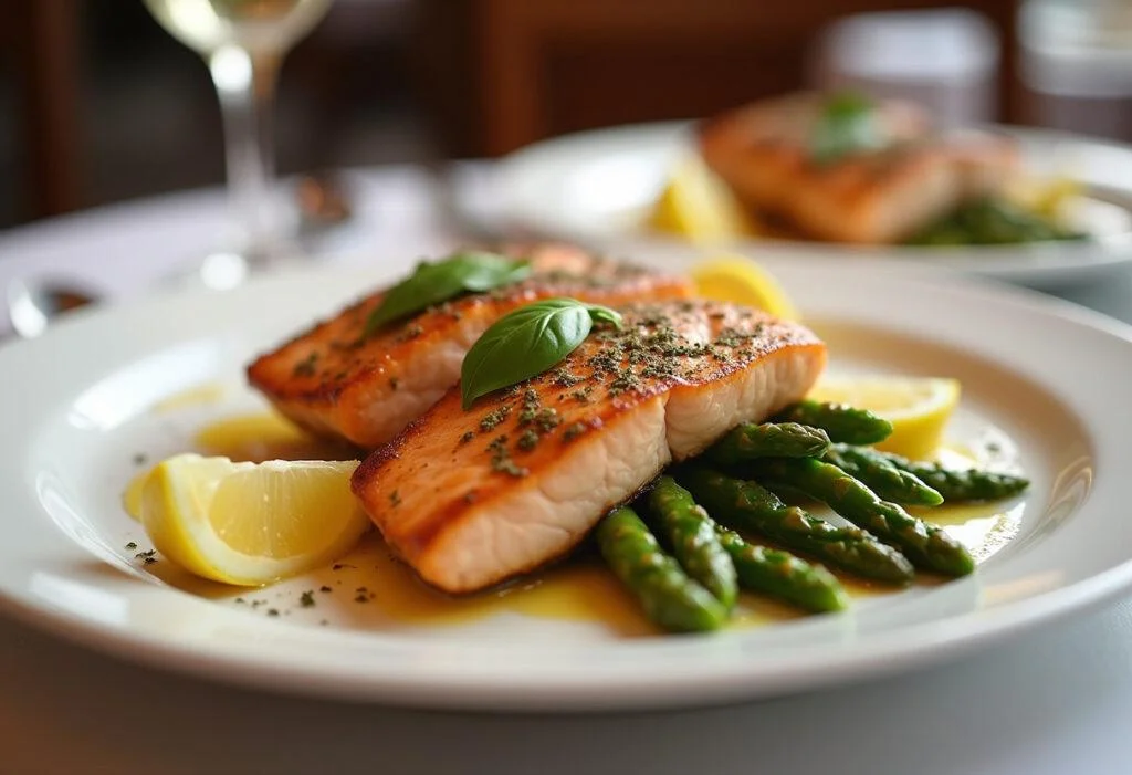Fertiges Gericht Zarter Lachs mit Grünem Spargel, serviert auf einem Esstisch.