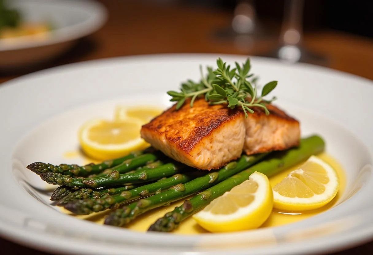 Fertiges Gericht Zarter Lachs mit Grünem Spargel, serviert auf einem Esstisch.