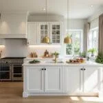 Stilvolle weiße Küche mit Holzelementen, perfekt für moderne Koch- und Esskultur.