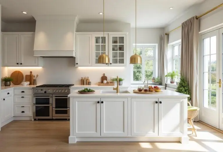 Stilvolle weiße Küche mit Holzelementen, perfekt für moderne Koch- und Esskultur.