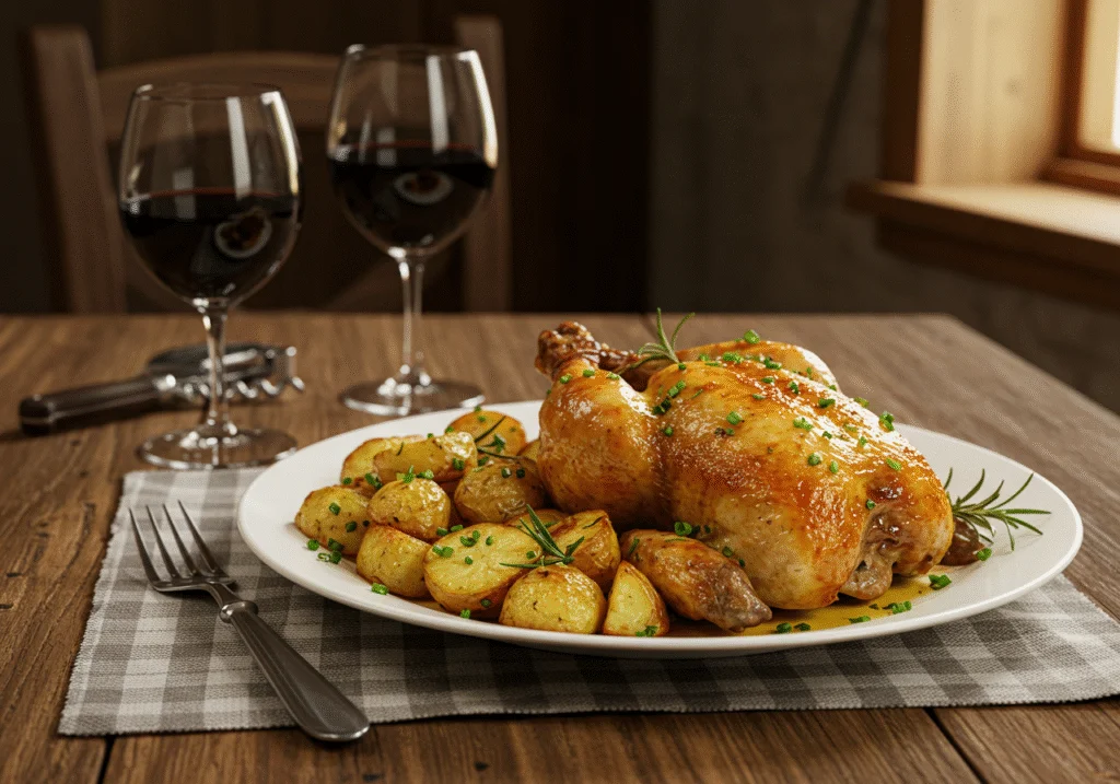 Finished gebratenes hähnchen mit rosmarin kartoffeln, perfect for a hearty meal.