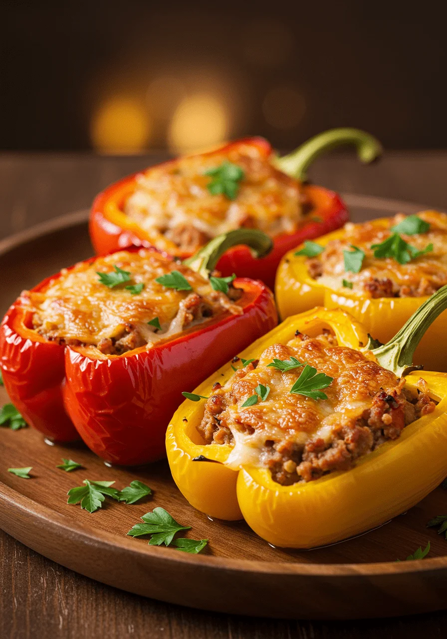 Fertige gefüllte Paprika mit Hackfleisch und Reis, appetitlich angerichtet.