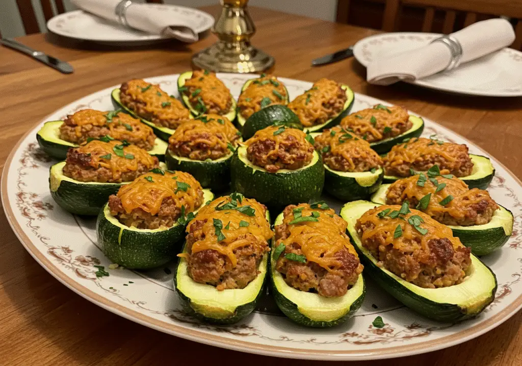 Fertige gefüllte Zucchini mit Hackfleisch, perfekt servierfertig für ein leckeres Abendessen.