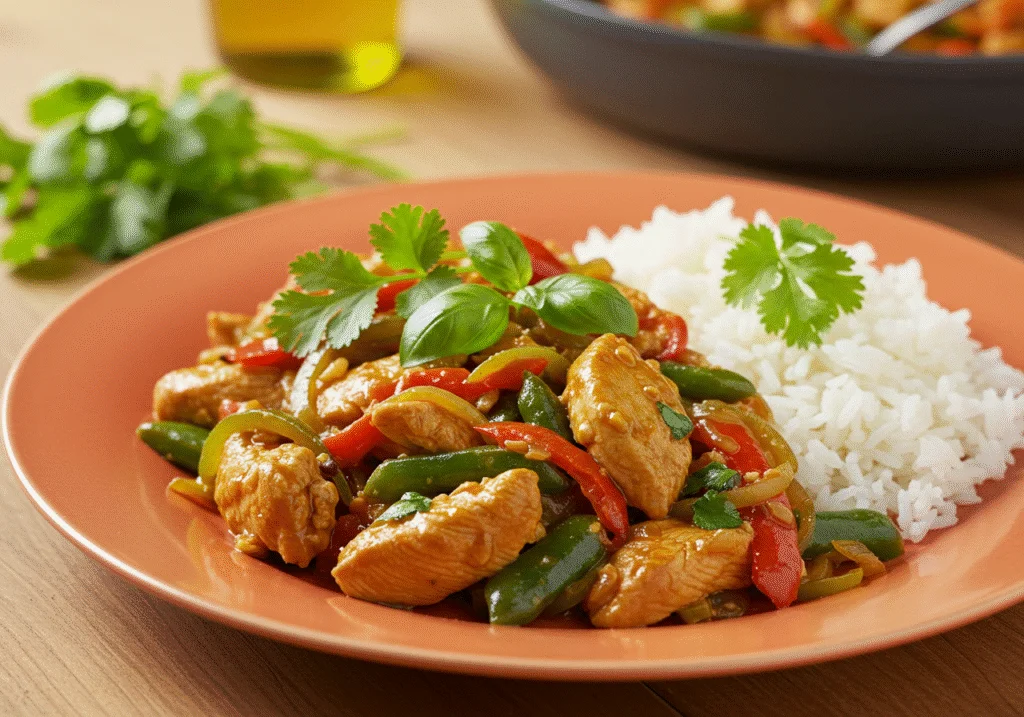 Finished schnelles hähnchen pfanne with vegetables and rice, perfect for a quick meal.