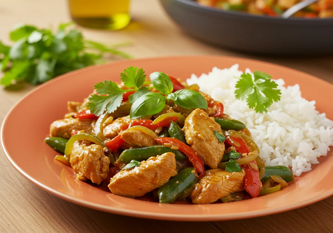 Finished schnelles hähnchen pfanne with vegetables and rice, perfect for a quick meal.