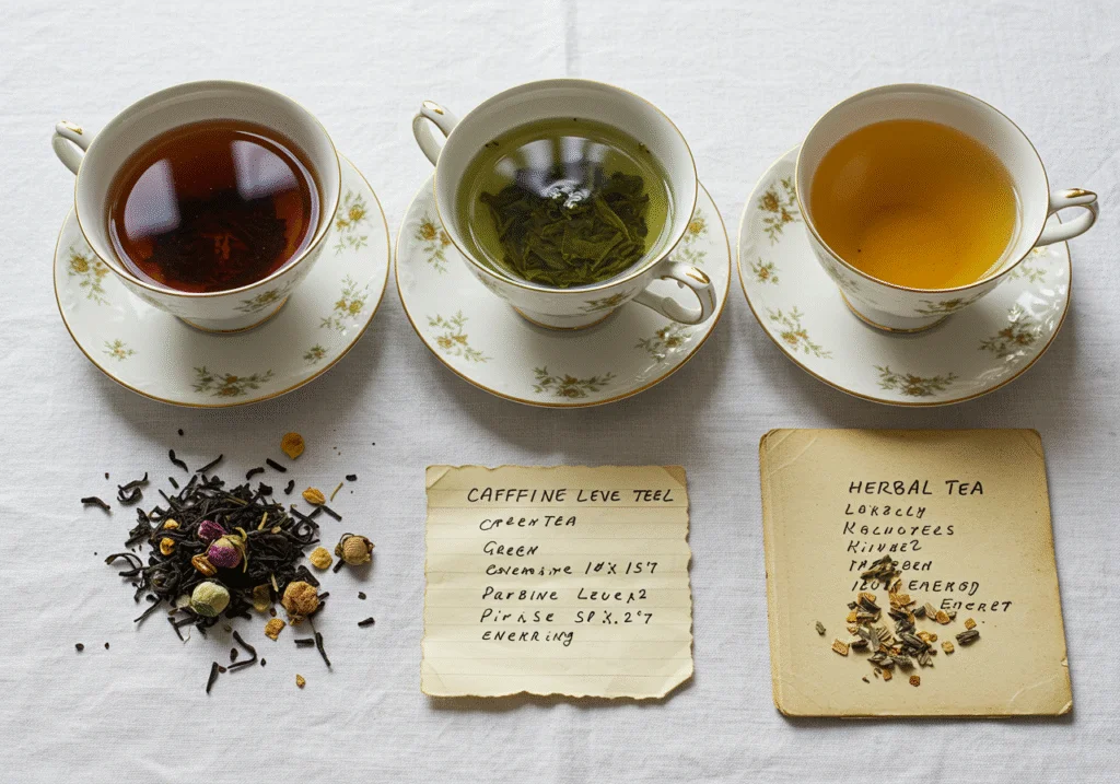 Vollendete Teepresentation mit schwarzem, grünem und weißem Tee, ideal zur Übersicht des Koffeingehalts.