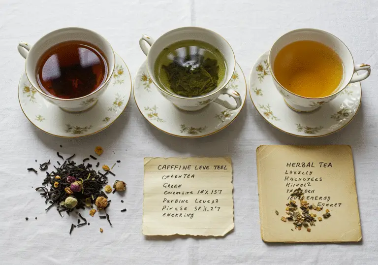 Vollendete Teepresentation mit schwarzem, grünem und weißem Tee, ideal zur Übersicht des Koffeingehalts.