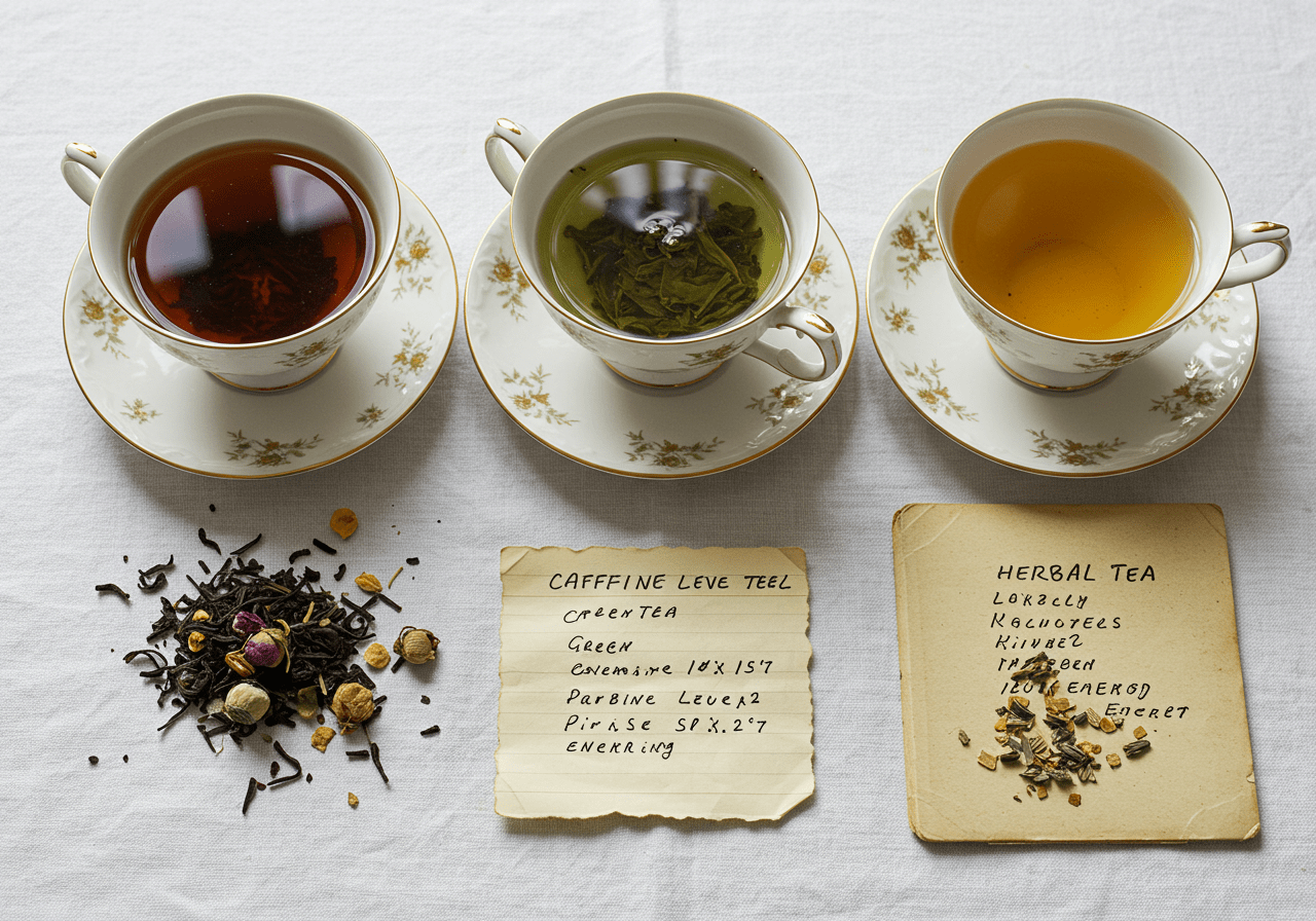 Vollendete Teepresentation mit schwarzem, grünem und weißem Tee, ideal zur Übersicht des Koffeingehalts.