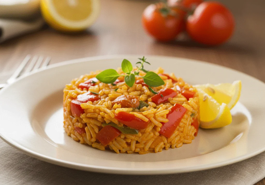 Finished Würzige Paprika Reis Pfanne Vegetarisch, a colorful dish perfect for vegetarian meals.