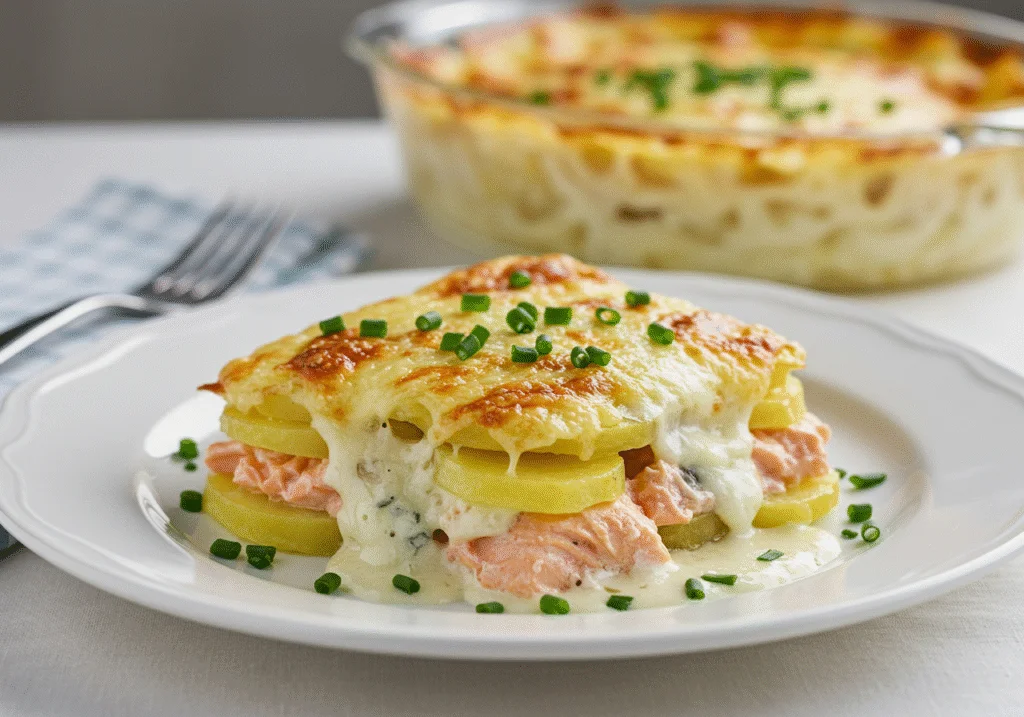Finished zarter lachs auflauf mit kartoffeln, perfect for a delicious meal.