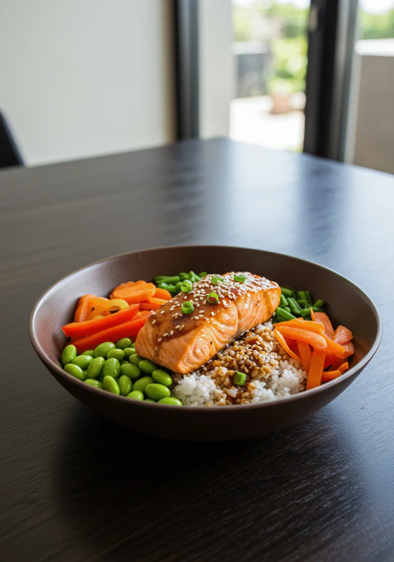 Fertige asiatische Reis Bowl mit Lachs Teriyaki, ein leckeres, ansprechendes Gericht für jeden Tisch.