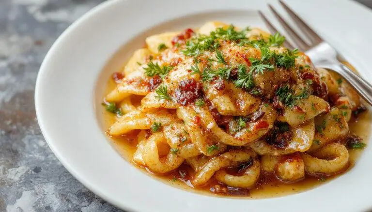 Eine elegante Portion Honig-Pfeffer-Hähnchen-Pasta auf einem weißen Teller, garniert mit frisch gehacktem Koriander und schwarzen Pfefferkörnern, goldbraun gebratenes Hähnchenfleisch in einer cremigen, glatten Honig-Pfeffer-Soße, im Hintergrund ein rustikaler Holztisch mit frischen Kräutern.