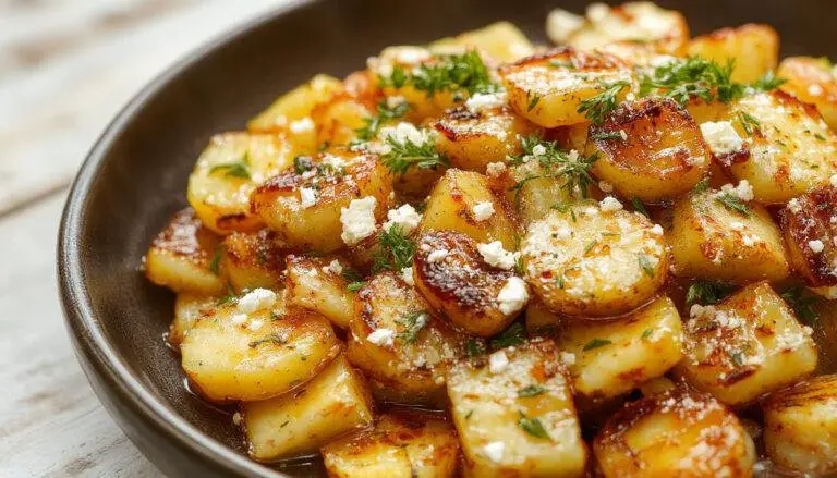 Goldbraune, knusprige Ofenkartoffeln, großzügig mit zerbröckeltem Feta bestreut und fein gehacktem Knoblauch garniert, auf einem weißen Teller serviert, mit frischen Kräutern verziert.