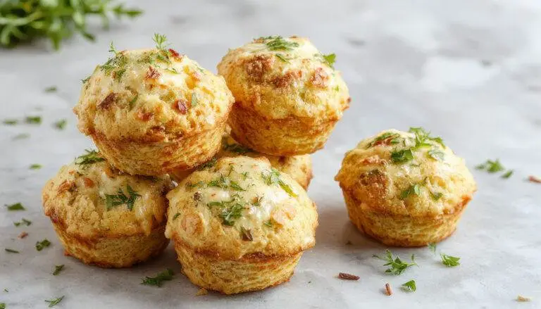 Goldbraune Focaccia-Muffins mit knuspriger Oberfläche, belegt mit frischem Rosmarin und Knoblauch, ansprechend angerichtet auf einem rustikalen Holzteller