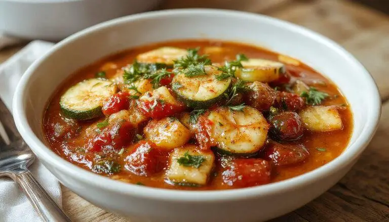 Bunter Teller mit aromatischem Zucchini-Tomaten-Reis, garniert mit frisch gehackten Kräutern, auf einem weißen Teller angerichtet, mit bunten Zucchini- und Tomatenscheiben, goldgelb gebackenen Komponenten und einem spritzigen, frischen Eindruck.