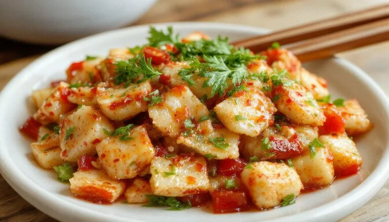 Ein frischer asiatischer Gurkensalat in einer eleganten weißen Schüssel, dünn geschnittene Gurken, rote Chili-Stücke und sesam bestreut, mit einer würzigen Marinade, alles schön drapiert und appetitlich präsentiert.