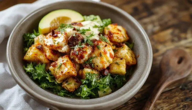 Bunte Süßkartoffel-Burrito-Bowl mit polygonal rote und orange Süßkartoffelwürfel, schwarzen Bohnen, buntem Gemüse, Avocado, Koriander und Limettenspalten auf einem weißen Teller, umgeben von frischen Zutaten und einem rustikalen Holztisch im Hintergrund