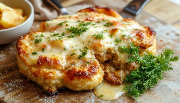 Eine cremige Brokkoli-Kartoffel-Pfanne in einer weißen Schüssel, mit grünem Brokkoli, goldgelben Kartoffeln und einer samtigen Sauce, garniert mit frischen Kräutern. Das Gericht wird ansprechend angerichtet, mit dampfendem, appetitlichem Erscheinungsbild.