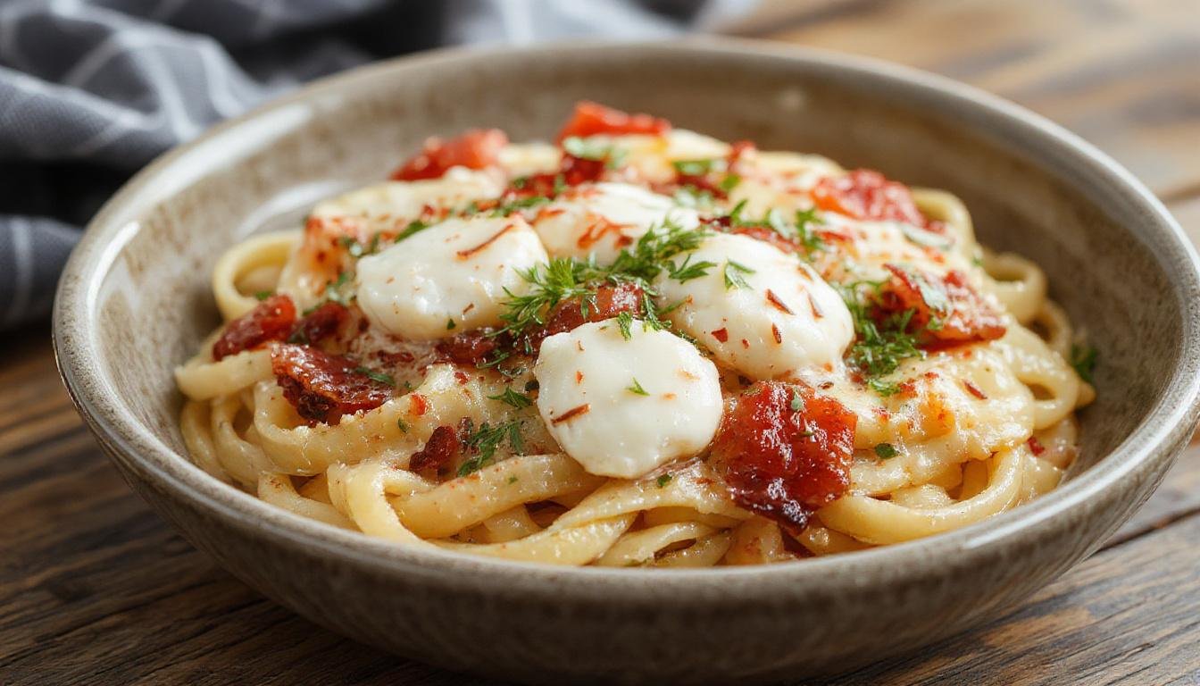 Eine cremige Burrata-Pasta auf einem weißen Teller, garniert mit frischen Basilikumblättern und einem Spritzer Olivenöl, die Pasta ist al dente und die Burrata sichtbar schmelzend in der Mitte.