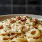 Eine cremige Hähnchen-Brokkoli-Pasta, serviert in einer weißen Schüssel. Die Pasta ist mit zarten Hähnchenstücken, frischem Brokkoli und einer cremigen Soße bedeckt, die glänzend und einladend wirkt. Im Hintergrund sind einige Brokkoli-Röschen und ein Hauch von frisch geriebenem Parmesan sichtbar.