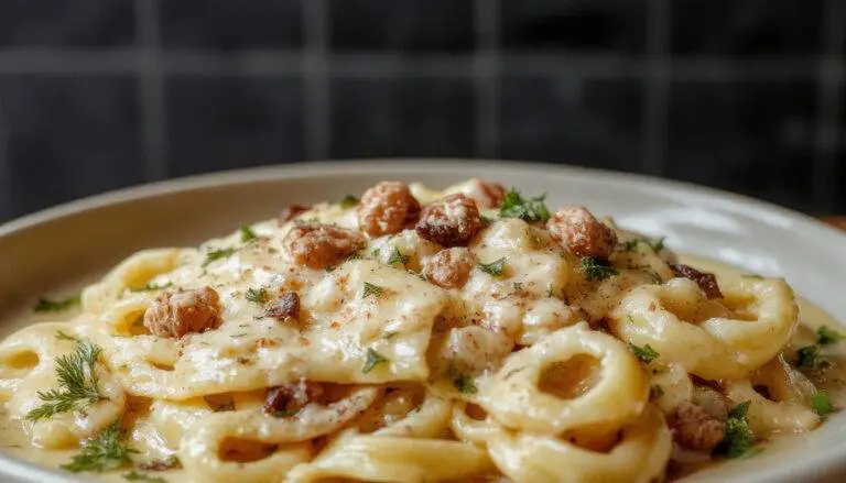 Eine cremige Hähnchen-Brokkoli-Pasta, serviert in einer weißen Schüssel. Die Pasta ist mit zarten Hähnchenstücken, frischem Brokkoli und einer cremigen Soße bedeckt, die glänzend und einladend wirkt. Im Hintergrund sind einige Brokkoli-Röschen und ein Hauch von frisch geriebenem Parmesan sichtbar.