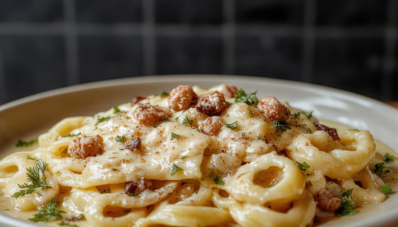 Eine cremige Hähnchen-Brokkoli-Pasta, serviert in einer weißen Schüssel. Die Pasta ist mit zarten Hähnchenstücken, frischem Brokkoli und einer cremigen Soße bedeckt, die glänzend und einladend wirkt. Im Hintergrund sind einige Brokkoli-Röschen und ein Hauch von frisch geriebenem Parmesan sichtbar.