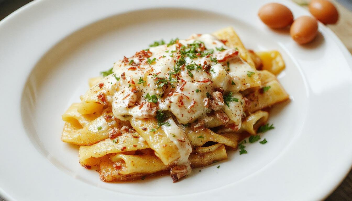 Bunter Teller mit cremigen Rigatoni in würziger Hack-Feta-Creme, garniert mit frischen Kräutern und geriebenem Käse, serviert auf einem weißen Teller