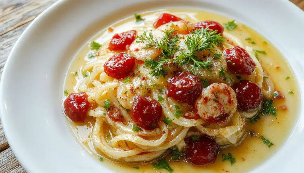 Ein Teller cremiger Spaghetti mit saftigen Garnelen, garniert mit frischer Petersilie und Parmesan, serviert auf eleganter weißen Keramik. Die Nudeln sind perfekt al dente, umhüllt von einer samtigen Frischkäsesoße, die großzügig um die Garnelen verteilt ist. Das Gericht strahlt eine elegante, einladende Atmosphäre, ideal für ein Gourmet-Mahl.