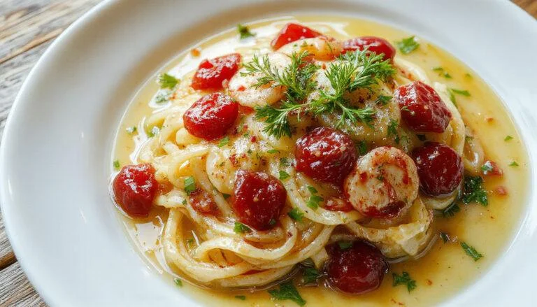 Ein Teller cremiger Spaghetti mit saftigen Garnelen, garniert mit frischer Petersilie und Parmesan, serviert auf eleganter weißen Keramik. Die Nudeln sind perfekt al dente, umhüllt von einer samtigen Frischkäsesoße, die großzügig um die Garnelen verteilt ist. Das Gericht strahlt eine elegante, einladende Atmosphäre, ideal für ein Gourmet-Mahl.