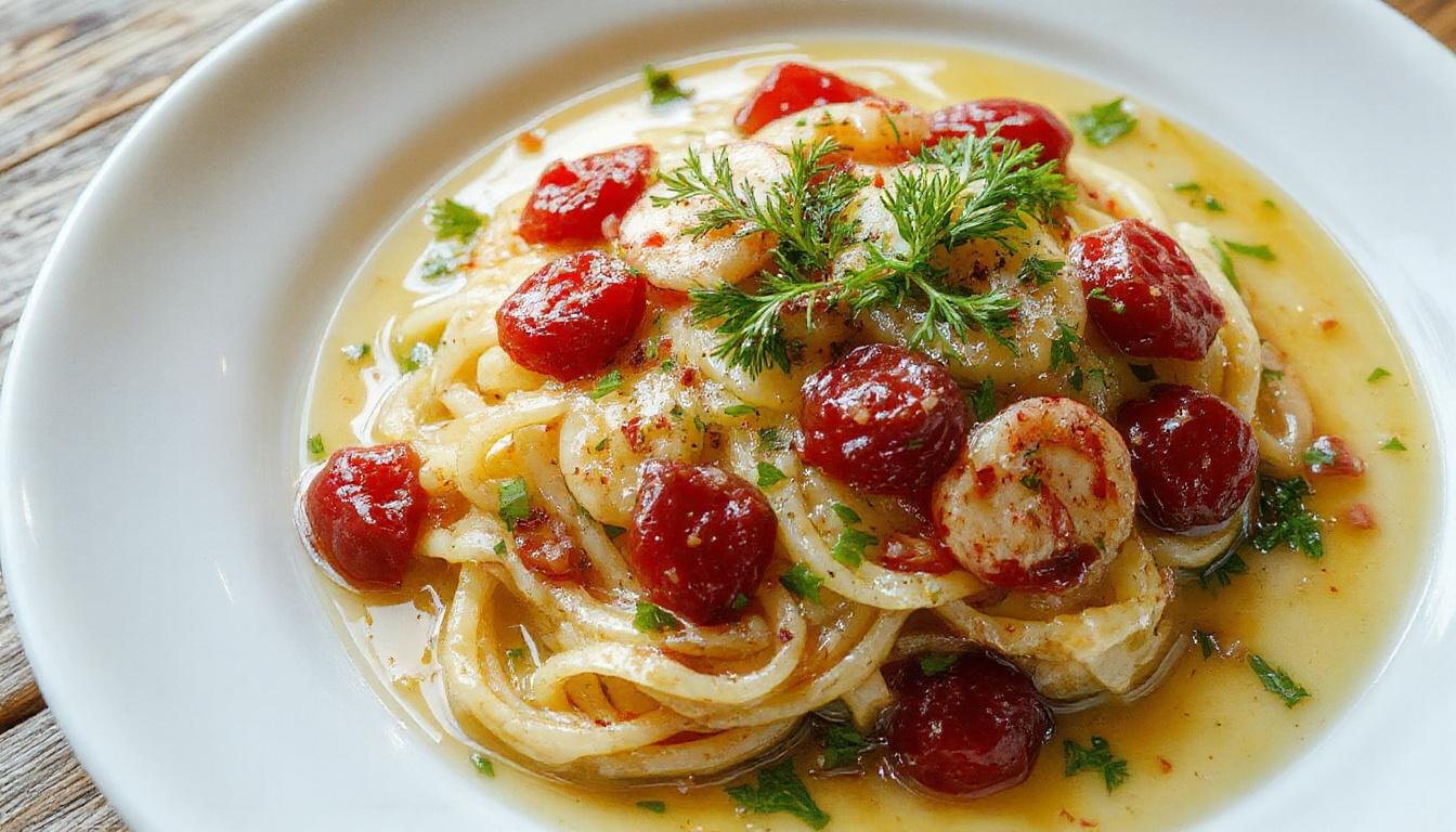 Ein Teller cremiger Spaghetti mit saftigen Garnelen, garniert mit frischer Petersilie und Parmesan, serviert auf eleganter weißen Keramik. Die Nudeln sind perfekt al dente, umhüllt von einer samtigen Frischkäsesoße, die großzügig um die Garnelen verteilt ist. Das Gericht strahlt eine elegante, einladende Atmosphäre, ideal für ein Gourmet-Mahl.