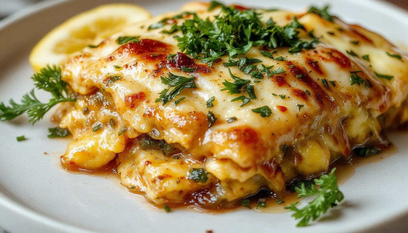 Eine goldbraune, saftige Lasagne mit geschichtetem Spinat, Pilzen und cremiger Käsesauce, serviert auf einem weißen Teller mit frischen Kräutern garnieren, im Vordergrund roastet eine knusprige Lasagne mit dampfendem Inhalt.