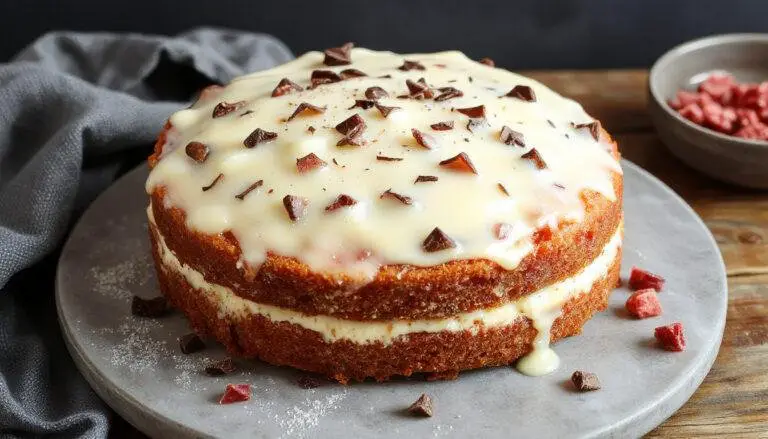 Eine cremige Stracciatella-Torte ohne Backen, dekorativ mit filigranen Schokoladenstücken und frischen Minzblättern auf einer eleganten weißen Platte, die an einem hellen, stilvollen Tisch präsentiert wird.
