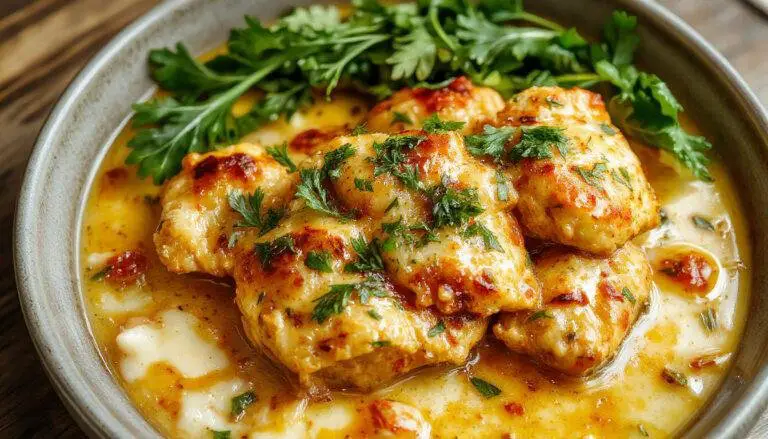 Das cremige Butter Chicken auf einem weißen Teller, serviert mit einer samtigen, orangenen Soße, garniert mit frischem Koriander. Die zarten Hühnchenstücke sind in der Soße sichtbar, begleitet von einer kleinen Portion Basmati-Reis im Hintergrund. Das Gericht wirkt reichhaltig und einladend, mit einer glatten Textur und ansprechender Farbgebung.
