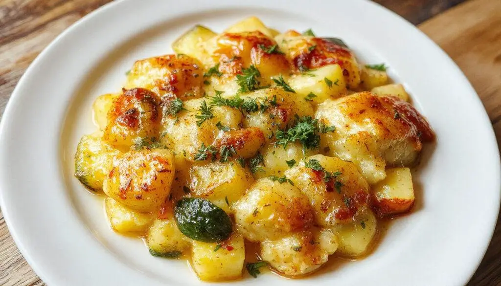 Ein cremiges Kartoffel-Zucchini-Gratin in einer weißen Auflaufform, goldbraun überbacken, sichtbar zarte Zucchinischeiben und dünn geschnittene Kartoffeln, mit einer knusprigen Käsekruste. Das Gericht ist ansprechend angerichtet, mit frischen Kräutern garniert.