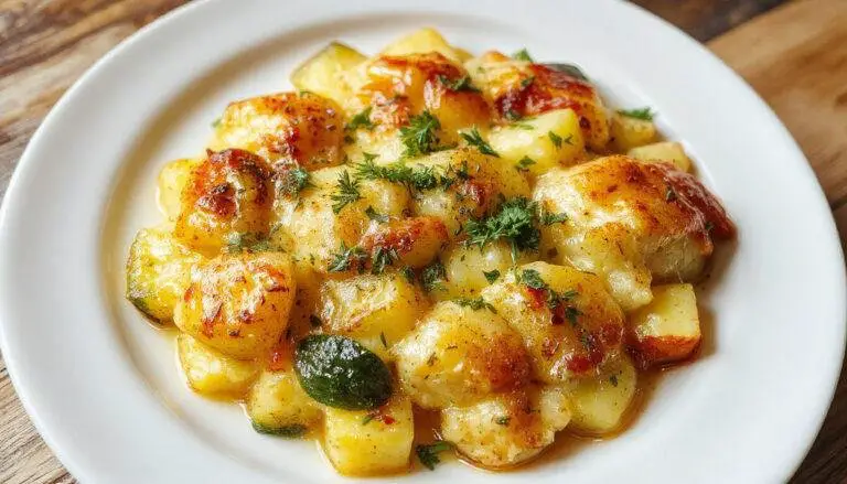 Ein cremiges Kartoffel-Zucchini-Gratin in einer weißen Auflaufform, goldbraun überbacken, sichtbar zarte Zucchinischeiben und dünn geschnittene Kartoffeln, mit einer knusprigen Käsekruste. Das Gericht ist ansprechend angerichtet, mit frischen Kräutern garniert.