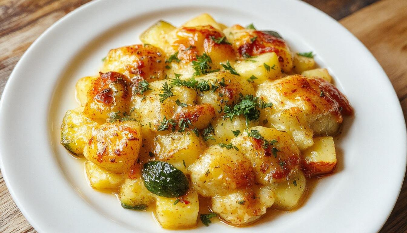 Ein cremiges Kartoffel-Zucchini-Gratin in einer weißen Auflaufform, goldbraun überbacken, sichtbar zarte Zucchinischeiben und dünn geschnittene Kartoffeln, mit einer knusprigen Käsekruste. Das Gericht ist ansprechend angerichtet, mit frischen Kräutern garniert.